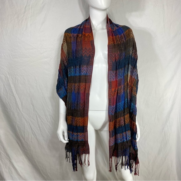 Dark Blues & Orange Chevron Plaid Long Tassel Scarf - Picture 4 of 5